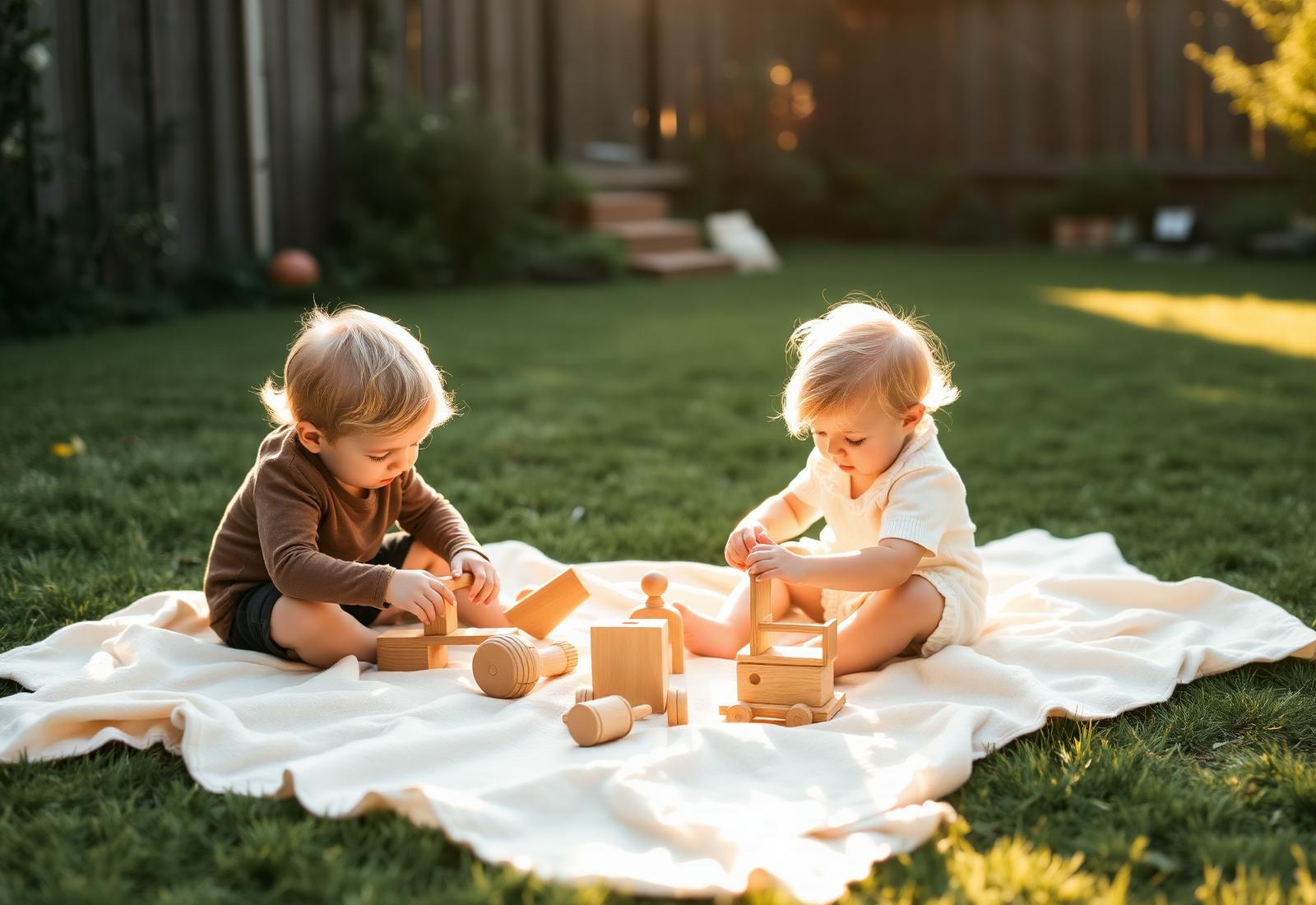 Twee kinderen spelen met houten speelgoed op een deken in de tuin
